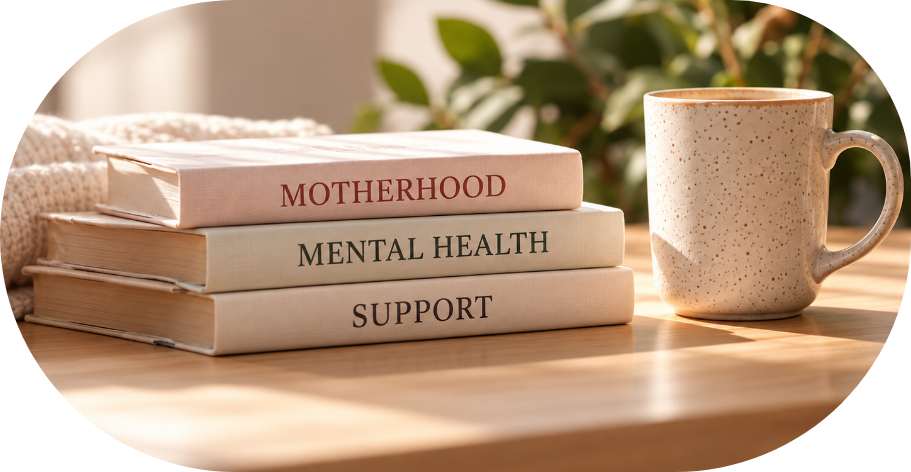 Books on motherhood, mental health and support beside a mug