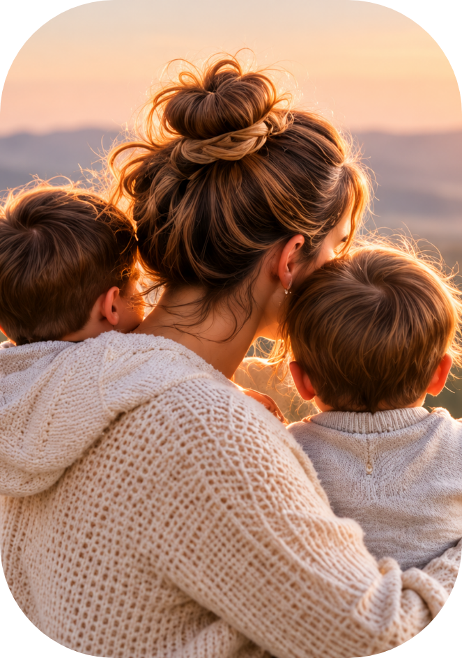 A mother cuddling her two sons at sunset