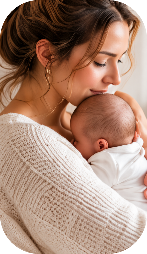 A mother kissing her newborn baby