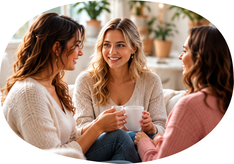 Three women sharing a warm conversation over cups of tea